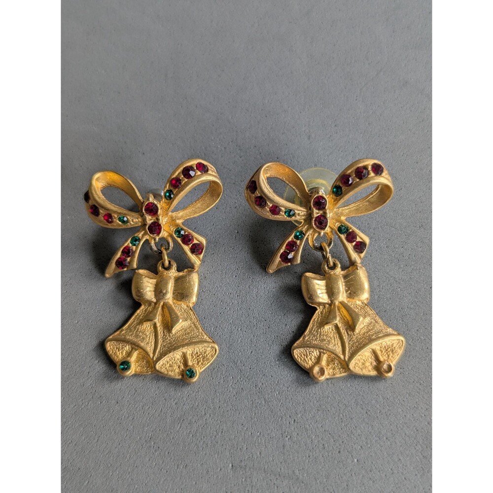 Vintage Christmas Bell Dangle Earrings Gold Tone Rhinestone Bow Holiday Jewelry